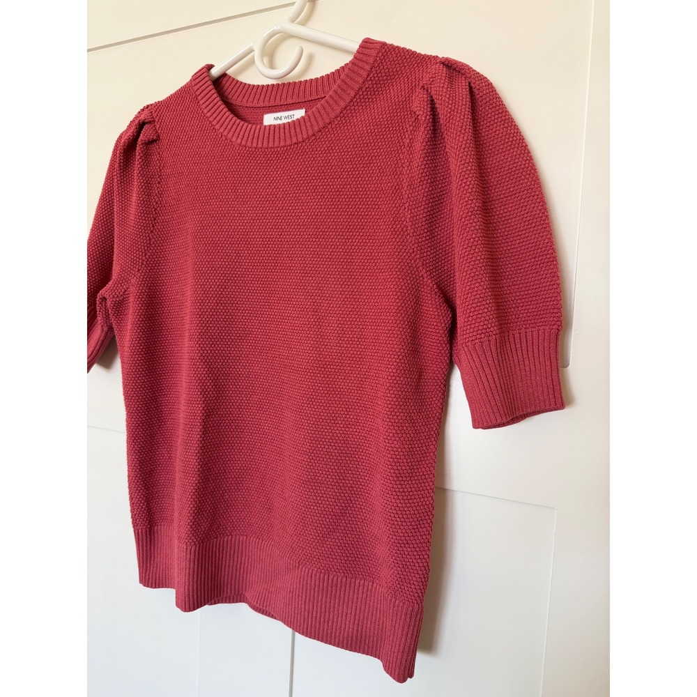 Nine West Sweater Rose Red Viscose Blend Puff Sleeve Textured Knit Top XS - Picture 2 of 5